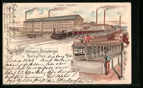 Lithographie Salzuflen, Hoffmann`s Stärkefabriken, Nord-Ansicht, Sätrke-Raum mit Fabrikarbeiter