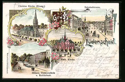 Lithographie Lüdenscheid, Höhere Töchterschule u. Reichsbank, Katholische Kirche, Christus Kirche