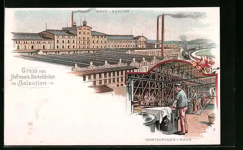 Lithographie Salzuflen, Hoffmann`s Stärkefabriken, West-Ansicht, Centrifugen-Raum mit Fabrikarbeiter