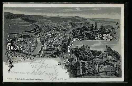 Mondschein-Lithographie Oberstein, Teilansicht mit Neues Schloss und Felsenkirche