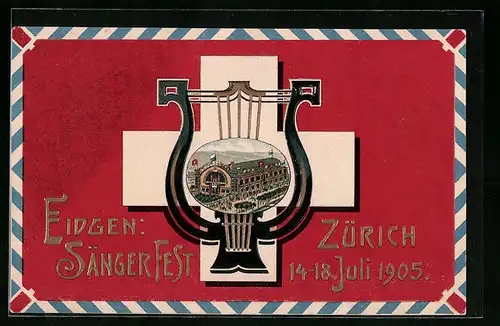 Präge-AK Zürich, Sängerfest 1905 - Festhalle, Schweizerkreuz und stilisierte Laute