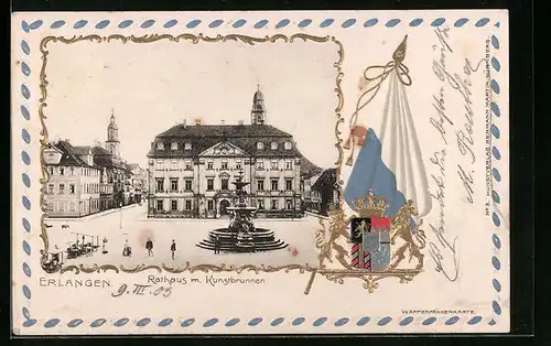 Passepartout-Lithographie Erlangen, Rathaus mit Kunstbrunnen, Wappen