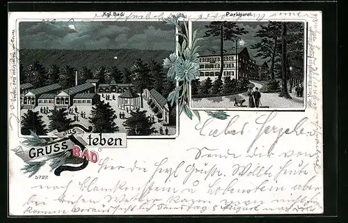 Mondschein-Lithographie Bad Steben, Teilansicht und Strassenpartie