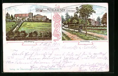 Lithographie Mühlhausen i. Th., Stadtberg und Thonberg