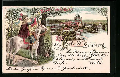 Lithographie Limburg, Reiter mit Trompete und Ortsansicht aus der Vogelschau