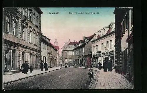 AK Bayreuth, Untere Maximilianstrasse mit Geschäften