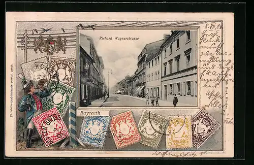 Präge-AK Bayreuth, Richard Wagnerstrasse, Bayr. Briefmarken