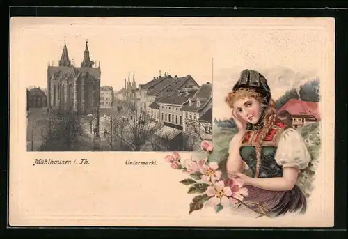 Präge-AK Mühlhausen i. Thür., Untermarkt mit Kirche, Mädchen in Tracht