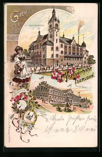 Lithographie Iserlohn, Alexanderhöhe, Neues Saalgebäude, Grosse Halle