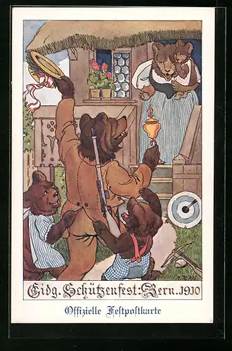 Künstler-AK Bern, Eidg. Schützenfest 1910, Bärin empfängt ihren Schützenkönig