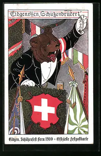 Künstler-AK Bern, Eidg. Schützenfest 1910, Bär hält eine Ansprache