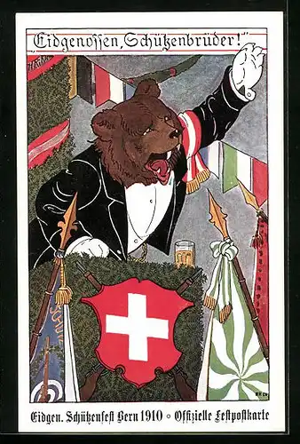 Künstler-AK Bern, Eidg. Schützenfest 1910, Bär hält eine mitreissende Ansprache