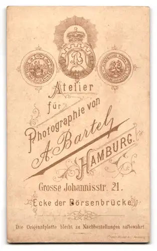 Fotografie A. Bartel, Hamburg, Grosse Johannisstr. 21 Ecke der Börsenbrücke, Junge Dame mit zurückgebundenem Haar