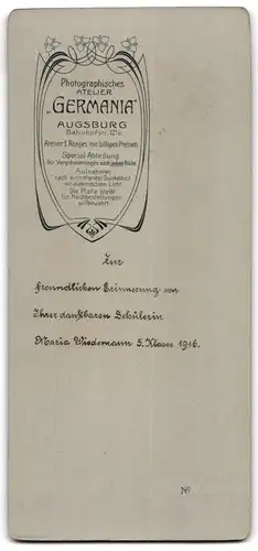 Fotografie Atelier Germania, Augsburg, Portrait 5 Klässlerin Marie Wiedemann zu ihrer Kommunion 1916