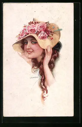 Künstler-AK Luis Usabal: Junge Frau mit Blumenhut