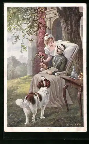 Künstler-AK R. Kratky: Frau mit Blume bei verwundetem Soldaten