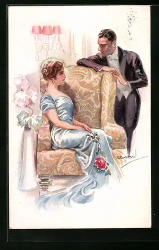 Künstler-AK Luis Usabal: Eleganter Herr bei Dame am Sessel