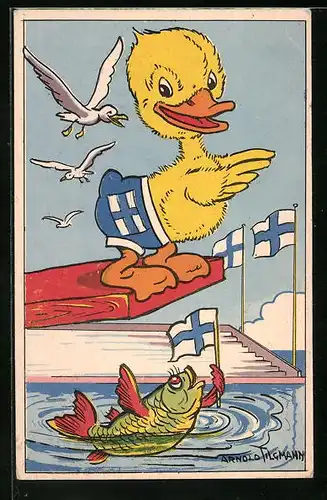 Künstler-AK Arnold Tilgmann: Ente auf dem Sprungbrett und Fisch mit Fahne