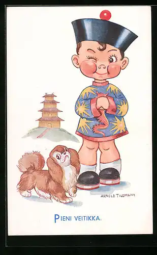 Künstler-AK Arnold Tilgmann: Pieni Veitikka, Asiate mit einem Tibetan Spaniel
