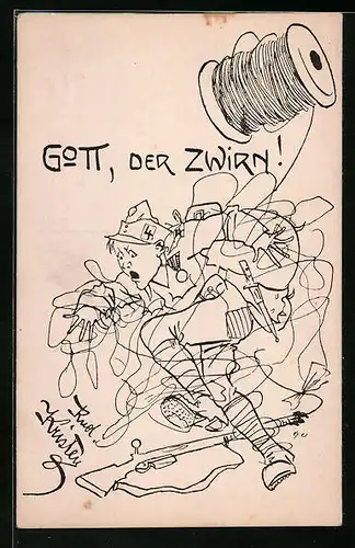 Künstler-AK Rud. Kristen: Soldat in Uniform mit Zwirn