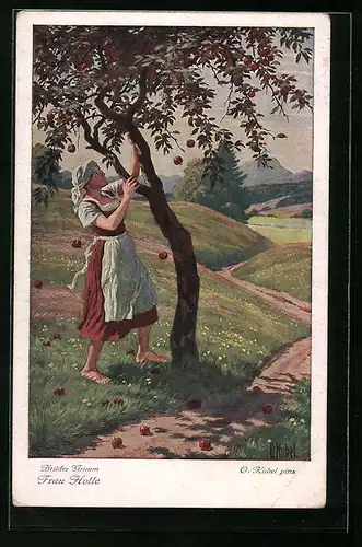 Künstler-AK Otto Kubel: Brüder Grimm, Frau Holle, Mädchen schüttelt den Apfelbaum, Märchen