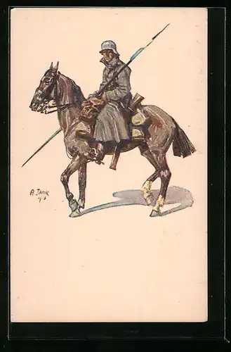 Künstler-AK Angelo Jank: Kavallerist in Uniform mit Lanze