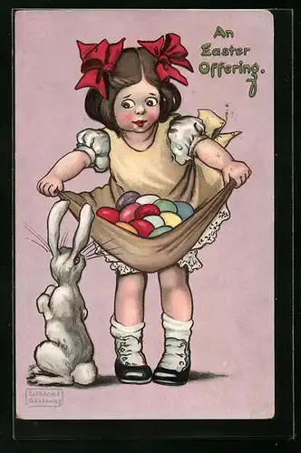 Künstler-AK sign. Katharine Gassaway: An Easter Offering, Mädchen mit Eiern im Rockschoss lockt den Osterhasen