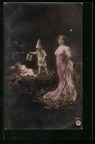 AK Zwerg, schlafendes Elfchen und Grazie im nächtlichen Garten