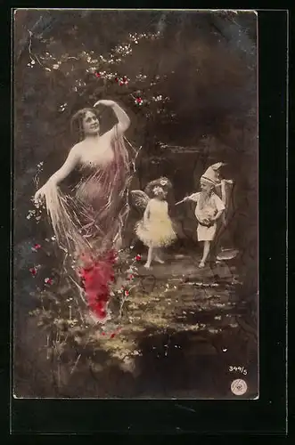 AK Zwerg, Elfchen und tanzende Grazie im nächtlichen Garten