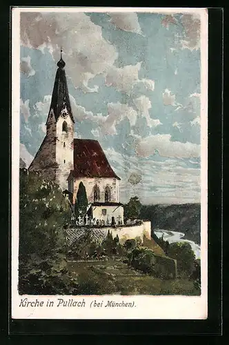 Künstler-AK Zeno Diemer: Pullach, Kirche über der Isar