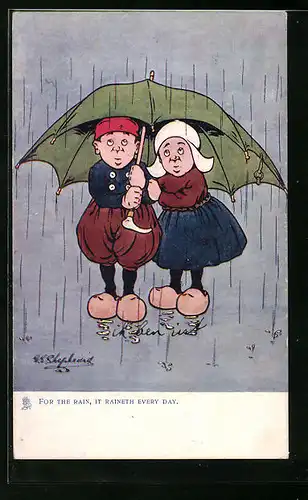 Künstler-AK George Edward Shepheard: For the Rain, it raineth every day, Holländerpaar unterm Regenschirm