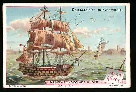 Sammelbild Schokolade Rüger, Kriegsschiff im 18. Jh.