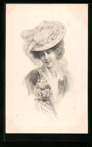 Künstler-AK Wichera, M. Munk Nr. 450: Dame mit Hut und Blumen