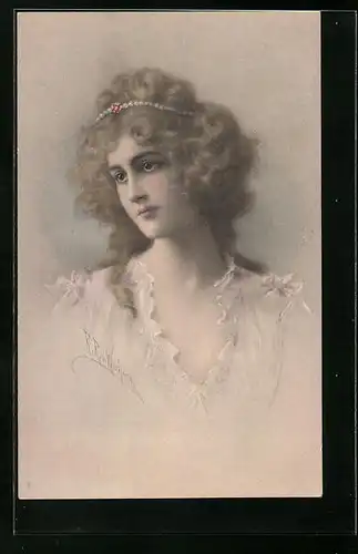 Künstler-AK Wichera, M. Munk Nr. 829: Fräulein mit Perlenkette im Haar