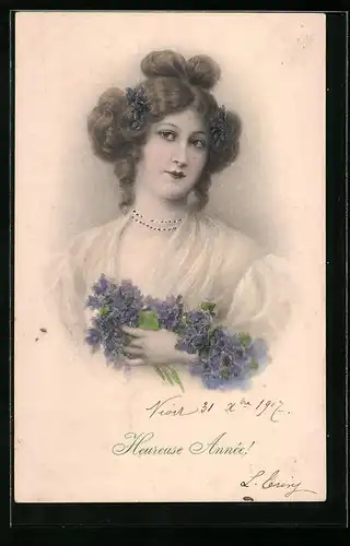Künstler-AK Wichera, M. Munk Nr. 322: Dame mit blauen Blumen