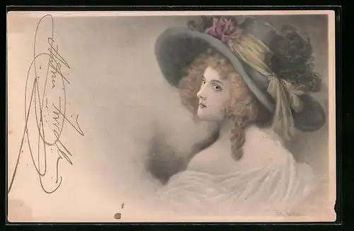 Künstler-AK Wichera, M. Munk Nr. : Dame mit Ferderhut und gelocktem Haar