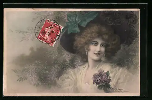 Künstler-AK Wichera, M. Munk Nr. 411: Dame mit Hut und grüner Schleife