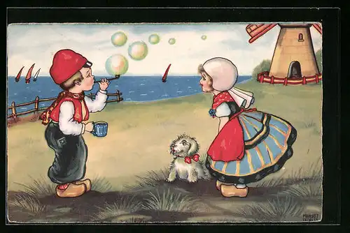 Künstler-AK Margret Boriss: Holländer macht Seifenblasen für Holländerin, Im Hintergrund Windmühle