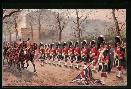 Künstler-AK Harry Payne: London, Military, The Gordon Highlanders, Britische Soldaten in Uniform mit Fahne