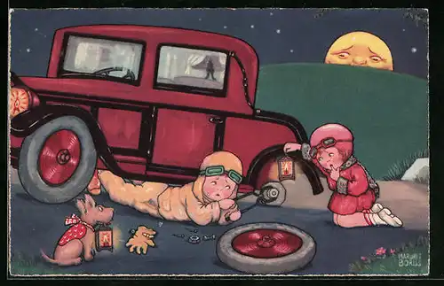 Künstler-AK Margret Boriss: Mann wechselt nachts Reifen am Auto