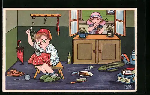 Künstler-AK Margret Boriss: Mann im Pyjama näht seine Hose