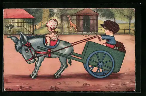 Künstler-AK Margret Boriss: Mann mit Eselsgespann und Frau im Zoo