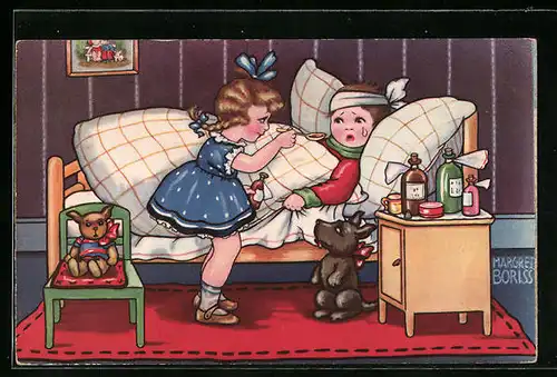 Künstler-AK Margret Boriss: Frau gibt krankem Mann im Bett Medizin