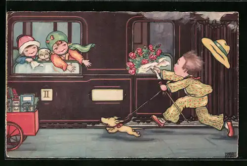 Künstler-AK Margret Boriss: Mann mit Blumenstrauss läuft Frau im Zug nach