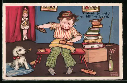 Künstler-AK Margret Boriss: Mann putzt seine Schuhe