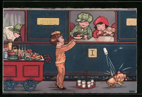 Künstler-AK Margret Boriss: Page reicht Pärchen im Zug durchs Fenster Obst