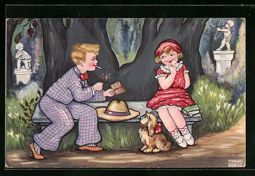 Künstler-AK Margret Boriss: Mann mit Zigarette und Frau auf einer Parkbank