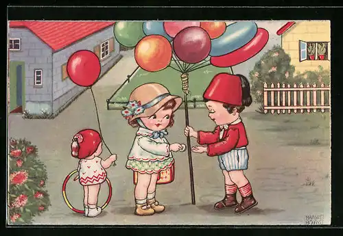 Künstler-AK Margret Boriss: Frau mit Kind kauft einen Luftballon