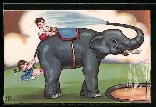 Künstler-AK Margret Boriss: Kinderpaar auf einem Elefanten am Brunnen
