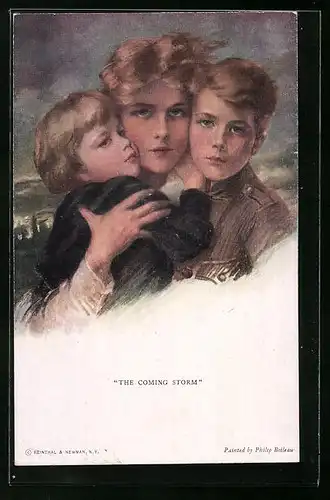 Künstler-AK Philip Boileau: The coming storm, Junge Mutter beschützt ihre Kinder